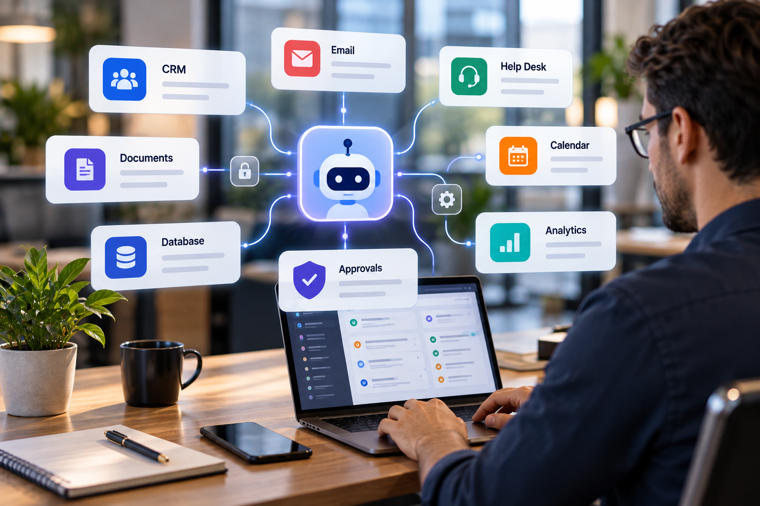 AI agent connected to core business systems with permissions and approvals